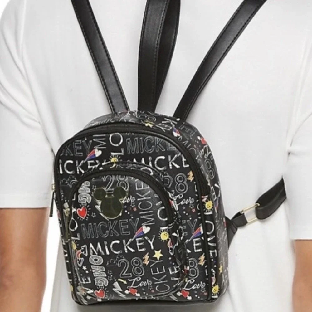 Disney Mickey Mouse Love OMG All Over Print Mini Backpack Black‎ Gold Tone